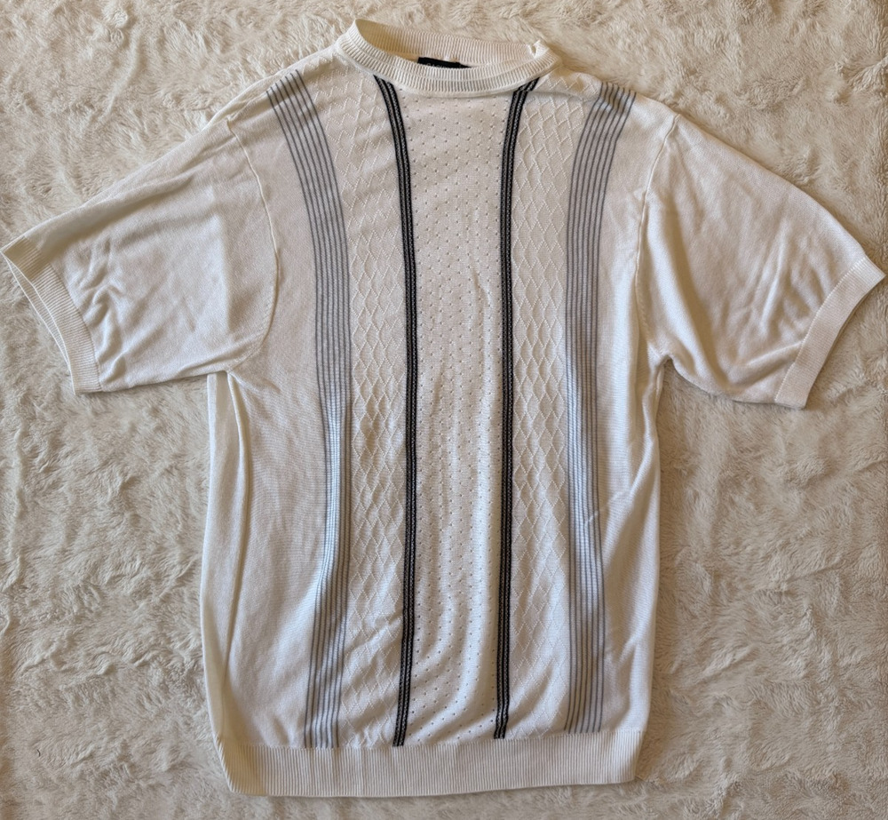 Vintage Gachu White Knit Short Sleeve Sweater Men's Size L Vertical Stripes